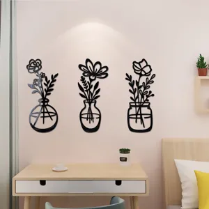 Acryl Spiegel Wandaufkleber mit 3D Blumenvasen Design für die elegante Heimdekoration.