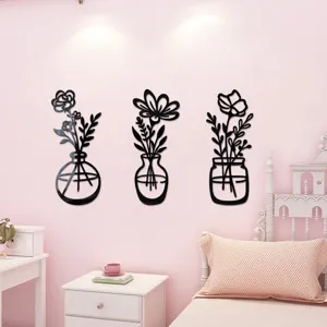 3D Acryl Spiegel Wandaufkleber Blumen Vase Wand Dekoration fuer Schlafzimmer Zuhause