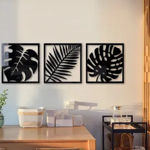 Set d'autocollants muraux miroir acrylique feuille de monstera tropicale 3D, cadre noir.