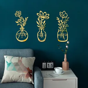 3D acrylic mirror wall stickers gold flower vase home decor wall art decals for room