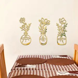 Goldene Acryl Spiegel Wandaufkleber, 3D Blumen Vase Wandkunst, elegante Heimdeko fürs Wohnzimmer.