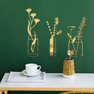 3D Acrylic Mirror Wall Stickers Gold Flower Vase Wall Decor Self Adhesive Home Art