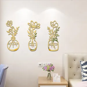3D Acryl Spiegel Wandaufkleber goldene Blumen Vase Design Heimdekoration Wandkunst