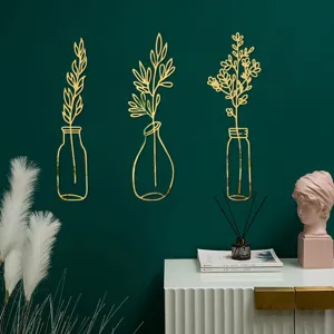 3D acrylic mirror wall sticker gold plant vase design self adhesive home decor detail view