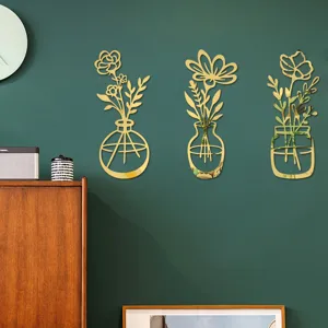 3D Acryl Spiegel Wandaufkleber Goldene Blumen Vase Dekor Wohnzimmer Hintergrund Kunst DIY