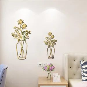 Detailed view of 3D acrylic mirror flower vase wall sticker, golden self-adhesive home decor.