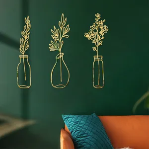 3D acrylic mirror wall stickers gold plant vase design modern home decor self-adhesive