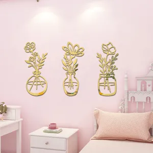 3D goldene Blumen Vase Acryl Spiegel Wandaufkleber, selbstklebende Kunst Deko fürs Schlafzimmer.
