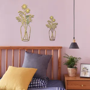 Gold 3D acrylic mirror wall sticker vase flower detail shot for home decor and living room.