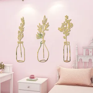 3D acrylic mirror wall stickers gold vase plant branch home decor peel and stick wall art