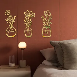 3D Acryl Spiegel Wandaufkleber goldene Vase Blumen Wandkunst Heimdekoration selbstklebend