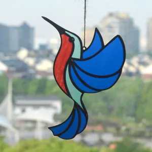 Stained glass hummingbird suncatcher acrylic hanging pendant for indoor window home decor.