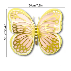 Layered 3D paper butterfly wall sticker with pearls, gold hollow design, 20x16.3cm.