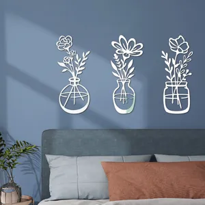 3D Acryl Spiegel Wandaufkleber dekorative Blumen Vase Kunst Abziehbilder für Schlafzimmer.