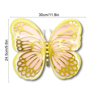 3D layered hollow pearl paper butterfly wall sticker, gold and pink wedding decor detail.