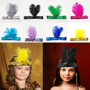 Bandeau de Plumes pour Enfants Coiffe Indienne Paillettes Glands Accessoires de Coiffure pour Fête de Enfants Danse Performance