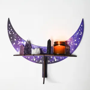 Wooden moon wall shelf with cosmic starry pattern, bohemian crystal display shelf for room decor.