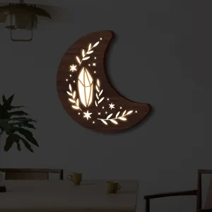Applique murale LED luna in legno nordico con cristallo e stelle, dettaglio arredamento cozy.