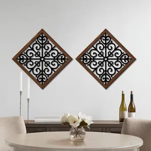 Wooden cutout wall decor hanging detail, perfect for modern living room and dining room.
