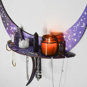Bohemian moon wall shelf for crystal display and jewelry storage, magical home decor piece.