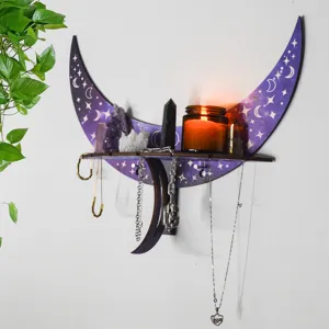 Bohemian moon wall shelf for crystal display, wooden hanging rack with hooks for jewelry.