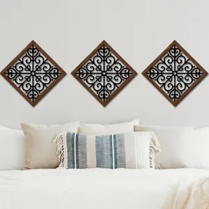Wooden diamond wall art set with black scrollwork design, ideal for bedroom and living room decor.