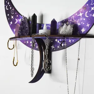 Bohemian wooden moon wall shelf with crystal display and jewelry hooks for home decor