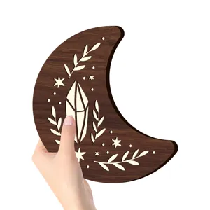 Appesa da parete luna in legno con motivo cristallo e foglie stile nordico boho arredamento