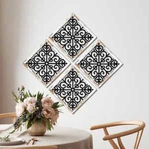 Wooden hollow wall decor 4-piece set, rustic diamond scroll art for living room bedroom.