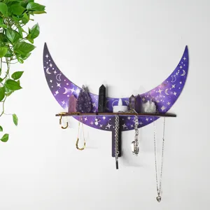 Bohemian moon wall shelf, crystal display and necklace holder for boho room decor aesthetic.