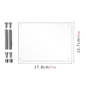 Clear acrylic sign holder photo frame with metal standoffs hardware dimension detail view