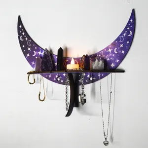 Crescent moon wall shelf wooden crystal display stand bohemian room home decor storage rack