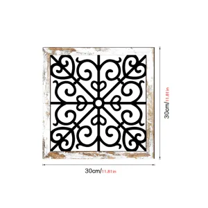 Wooden wall decor detail view showing the square frame, black scroll pattern and size.