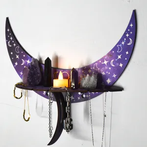 Wooden crescent moon wall shelf crystal display bohemian room decor jewelry organizer