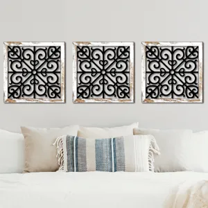 Wooden hollow wall decor with intricate carved patterns and rustic frames for bedroom wall art.