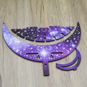 Wooden celestial moon star display shelf detail, bohemian style crystal rack components.