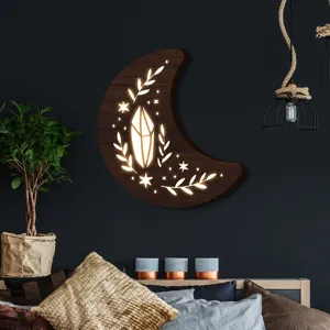 Lampada da parete LED in legno a forma di luna con intaglio di cristallo, decorazione boho.