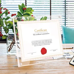 Clear acrylic photo frame with metal stand for certificates, pictures and documents.