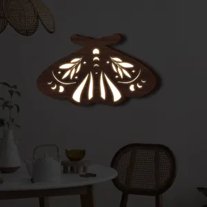 Lampada da parete LED falena in legno stile Boho luce notturna luna intagliata casa decorativa