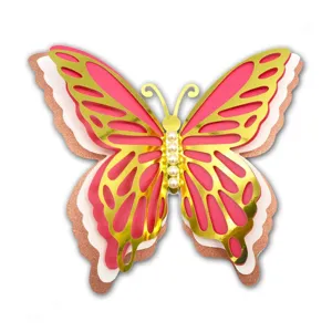 3D hollow butterfly wall sticker with gold and pink layers, glitter and pearls for decor.