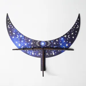 Moon shape wooden wall shelf celestial boho home decor crystal display rack detail view.