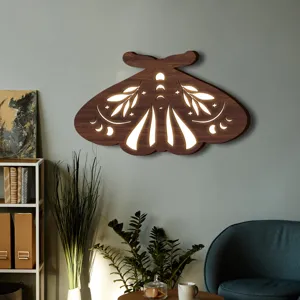 Applique da parete LED in legno falena stile bohémien, decorazione murale luminosa nordica.