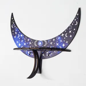 Bohemian wooden moon wall shelf celestial crystal holder for room decor and jewelry display