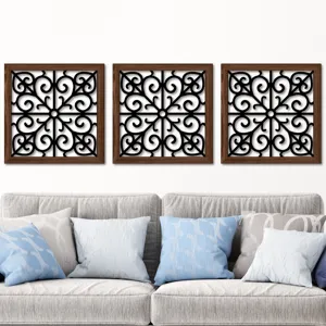 Wooden hollow wall art set of three with rustic frames and scroll patterns for home living room.