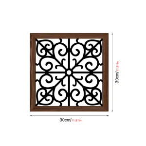 Wooden hollow wall decor with wood grain print, square 30cm scroll art for living room bedroom.