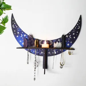 Boho wooden moon shelf wall hanging crystal display and jewelry organizer holder