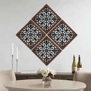 Wood carved wall decor art panels set, diamond shaped hollow hanging mural for room interior.