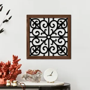 Wooden hollow wall decor with black scrollwork pattern, elegant living room background.