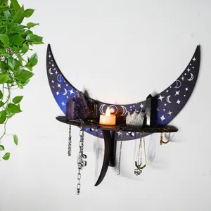 Moon phase wooden wall shelf detail, bohemian crystal display and jewelry hanging rack decor.