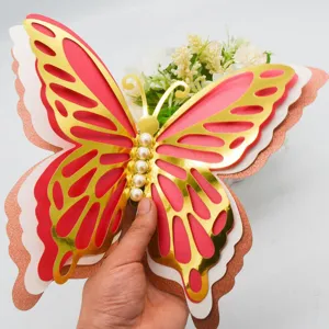 Exquisite 3D hollow butterfly wall sticker detail, multi-layer pearl paper craft decor.
